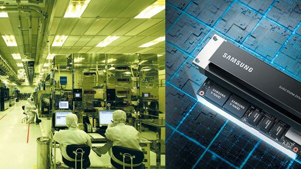 SK하이닉스의 D램 반도체 제조시설(왼쪽)과 삼성전자의 낸드 플래시 메모리를 사용한 데이터센터용 SSD(솔리드 스테이트 드라이브·오른쪽).  /조선일보DB