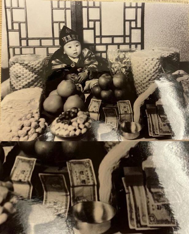 국민의힘 윤석열 대선 후보가 과거 소셜미디어에 공개했던 돌잔치 사진. 아래는 지폐 부분만 확대한 모습. /인스타그램