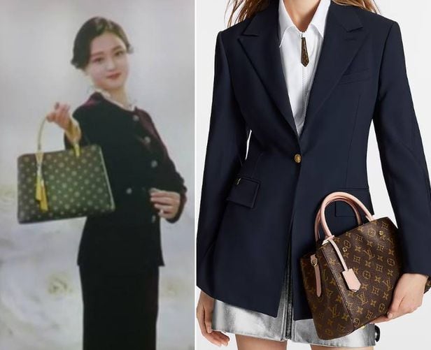 왼쪽은 북한 여성옷전시회-2023에 내걸린 사진, 오른쪽은 루이비통 '몽테뉴'. /유튜브 Peternews, 루이비통 공식 홈페이지