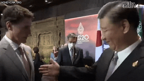 16일(현지시각) 쥐스탱 트뤼도 캐나다 총리가 주요 20개국(G20) 정상회의 마지막 날 시진핑 중국 국가주석과 굳은 표정으로 악수한 후 바로 자리를 떠나고 있다. /가디언
