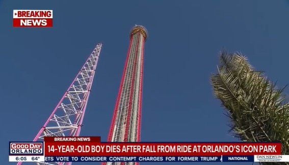 24일(현지시각) 미국 플로리다의 놀이공원 '아이콘 파크'에서 수직낙하 놀이기구를 타던 10대 소년이 추락해 사망하는 사고가 발생했다./cnn