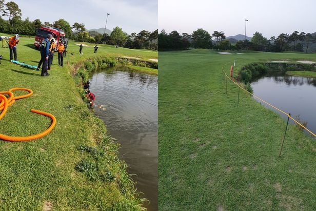 왼쪽 사진은 지난달 27일 오전 8시51분쯤 전남 순천의 한 골프장에서 50대 여성이 연못에 빠져 구조당국이 수습하고 있는 모습. 오른쪽 사진은 사고 이후 모습. /순천소방서·뉴스1
