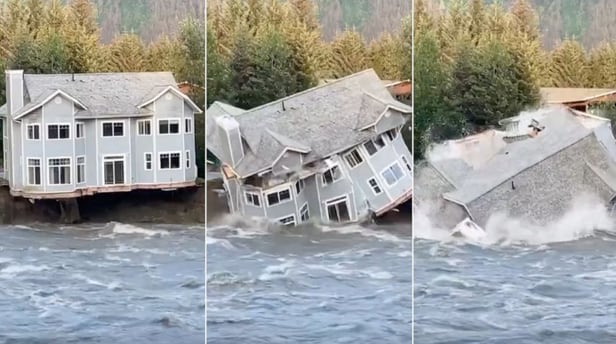 미 알래스카 지역에서 빙하 붕괴로 인한 멘덴홀강 홍수로 주택 1채가 유실되는 모습이 거주자에 의해 포착됐다. /ABC 보도화면