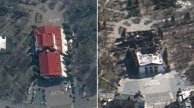 작년 3월 마리우폴 극장의 폭격 전후 비교 위성사진./Maxar Technologies