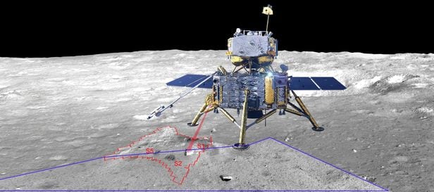 2020년 12월 1일 달에 착륙한 창어5호. 붉은색 지역은 창어5호가 토양시료를 채취한 곳이고 파란색 표시 지점은 카메라로 찍은 부분이다./Nature Communications