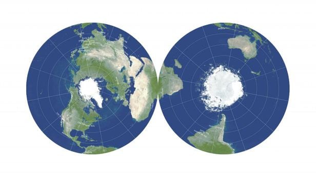 양면형 세계 지도. 우리나라는 북반구 지도(왼쪽)의 11시 방향에 있다./미 프린스턴대