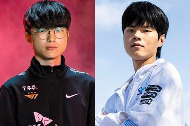 ‘리그 오브 레전드 월드 챔피언십’ 결승에서 맞대결을 펼치는 한국의 페이커(이상혁·왼쪽)와 데프트(김혁규). 둘은 마포고 동창이다. / lol Esports 트위터