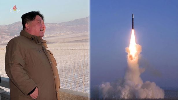 조선중앙TV가 지난 18일 발사된 신형 ICBM 화성-18형 발사 장면을 19일 보도했다. 이날 발사에는 북한 김정은과 부인 리설주, 딸 주애가 동행했다. /뉴시스