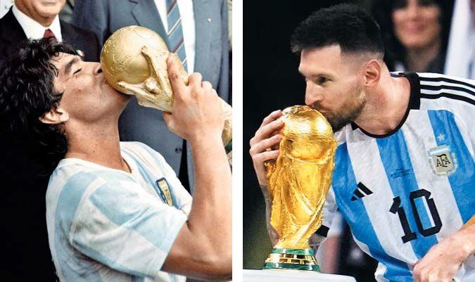 마라도나처럼… 월드컵에 키스 - 1986 멕시코 월드컵에서 아르헨티나의 우승을 이끌었던 디에고 마라도나가 트로피에 입을 맞추는 모습(왼쪽). 리오넬 메시는 이번 카타르 대회에서 36년 전의 영광을 재현했다. “마라도나의 영전에 우승컵을 바치겠다”고 했던 다짐도 실천했다. /AFP·AP 연합뉴스