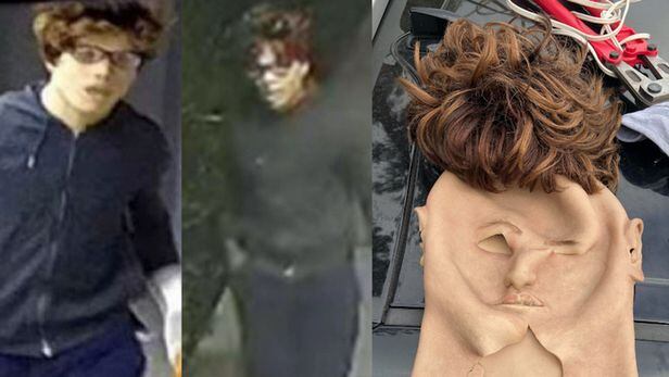 흑인 남성 락킴 프로웰은 가발과 마스크(오른쪽)를 활용해 백인으로 위장해 절도를 저질렀다. 왼쪽 두 사진은 프로웰이 백인으로 변장한 모습. /KTLA