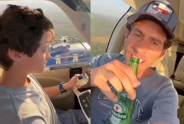 11살 아들에게 경비행기 조종간을 넘긴 뒤 맥주를 마시는 브라질 남성. /엑스(X·트위터)