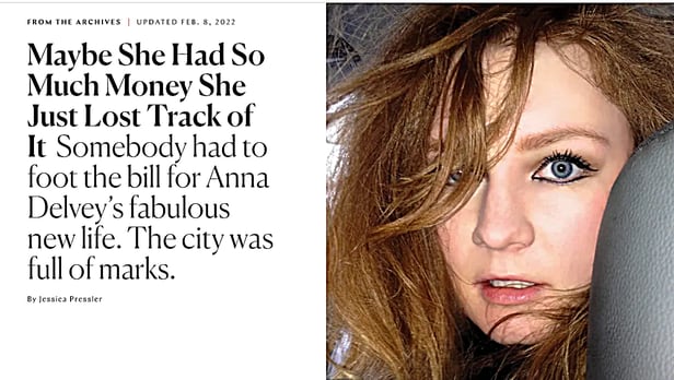 미국드라마 시리즈 '애나 만들기'의 실제 인물 애나 소르킨의 얼굴이 실린 2018년 뉴욕매거진 인터넷판. /뉴욕매거진 캡쳐