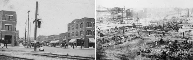 흑인 부유층이 밀집돼있어 '블랙 월스트리트'라고 불렸던 털사 그린우드 지역(왼쪽)은 1921년 5월 31일부터 6월 1일까지 발생한 백인들의 인종대학살로 완전히 폐허가 됐다.(오른쪽)
/미 스미스소니언 흑인역사박물관 애니타 윌리엄스 크리스토퍼·데이비드 오언 윌리엄스 컬렉션, 미 의회도서관 