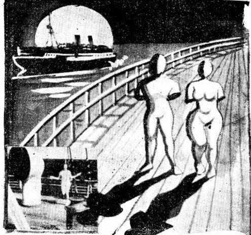 이상의 수필, ‘슬픈 이야기, 어떤 두 주일 동안’의 삽화. 1937년 6월 ‘조광’에 처음 발표될 때 함께 실린 삽화이다. 누가 그린 것인지 불분명하지만, 매우 독창적인 그림이다. 결핍으로 점철된 두 남녀가 마네킹 같은 모습으로 항구 주변을 거닐고 있다. 개인소장.