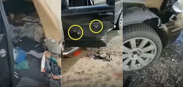 우크라이나 부자가 피란길에 탑승했던 차량. 러시아군 총격으로 내부는 초토화가 됐고 문짝 등에도 구멍이 나 있다. /RFE/RL 유튜브