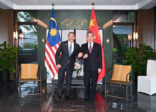 히샤무딘 후세인(왼쪽) 말레이시아 외교장관이 1일 중국 푸젠(福建)성 난핑(南平)에서 왕이 중국 외교부장과 회담에 앞서 인사하고 있다./중국 외교부