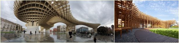 박물관·전망대 등을 갖춘 스페인의 복합 시설 메트로폴 파라솔(왼쪽)과 보행 데크·주민 쉼터 등으로 이용될 경남 하동의 '더 포레스트'. 나무를 실외에 노출하면 유지 관리가 안된다는 편견을 넘어선 건축물이다. /IDS·사진가 박영채