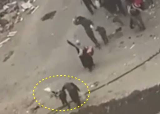 지난해 11월 가자지구에서 대피하던 민간인이 총에 맞아 숨졌다. 사진 속 노란원의 오른쪽은 할라 크라이스, 왼쪽은 백기를 손에 쥔 손자 타옘 크라이스. /CNN 캡처