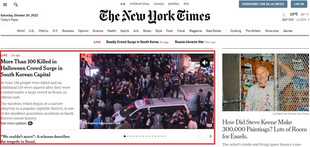 이태원 압사 참사 다룬 뉴욕타임스 홈페이지./뉴욕타임스