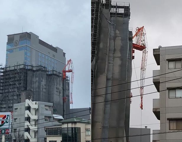일본 가고시마현의 한 건설현장. 강풍에 크레인이 엿가락처럼 휘어진 모습이다. /트위터