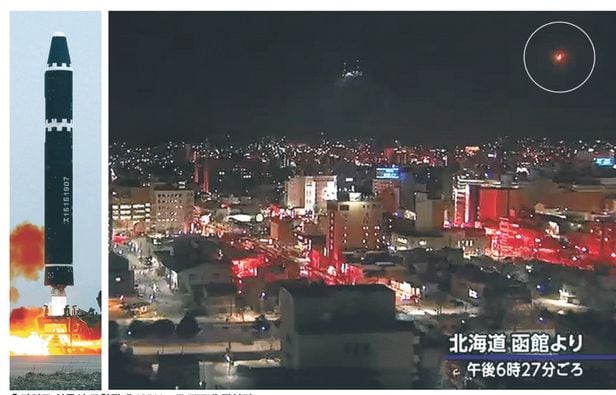 홋카이도 상공서 포착된 北 ICBM...日 EEZ에 떨어져 - 북한 ICBM '화성-15형'이 18일 오후 5시 22분 발사되는 장면. (왼쪽 사진) 오른쪽 동그라미 안의 불덩어리 같은 물체는 이날 일본 배타적경제수역(EEZ) 안쪽인 홋카이도 해상에 화성-15형이 낙하하는 모습이다. 인근 방송국 옥상에 설치된 일본 NHK 카메라가 포착했다. 일본 정부는 화성-15형이 오후 6시27분쯤 해상에 떨어졌다고 밝혔다. /노동신문 뉴스1 NHK화면 캡처
