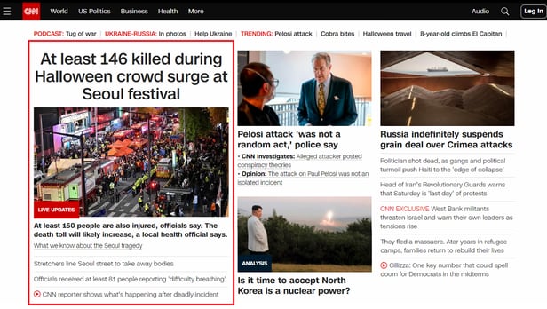 이태원 압사 참사 관련 기사를 최상단에 배치한 CNN 홈페이지./뉴욕타임스