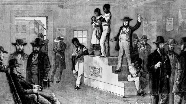 미국의 노예 경매 장면을 그린 그림. /넷플릭스 '하이 온 더 호그'