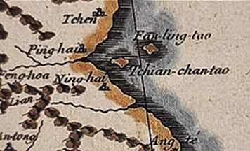 당빌의 ‘조선왕국전도’에서 독도(붉은 점선 안)를 ‘찬찬타오’란 이름으로 표기한 부분. /서울역사박물관