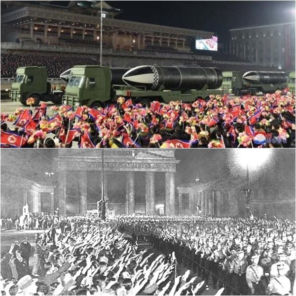 지난 14일 북한 김일성광장에서 열린 심사 열병식(위)과 1930년대 나치 독일의 베를린 파리저 광장에서 열린 야간 행사 모습./조선일보DB