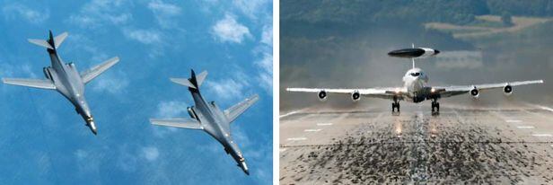 지난 2017년 6월 20일 미 전략 폭격기 B-1B 랜서가 한반도 상공을 비행하고 있다(왼쪽 사진). 오른쪽은 같은 해 9월 미 공군의 조기경보 통제기 E-3B가 경기도 오산 공군 기지에서 이륙하고 있는 모습이다. 북한이 연이어 미사일, 포격 도발을 감행하고 있는 가운데 미군은 19일 B-1B 랜서 4대를 괌에 전진 배치했고, 한반도 서해 상공에 E-3B를 띄웠다. /공군·연합뉴스