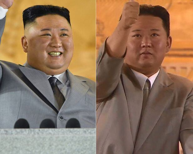 김정은 북한 국무위원장의 지난해 10월 모습(왼쪽)과 지난 9일 열병식 행사에 참여한 모습. /조선중앙통신, 조선중앙TV 화면