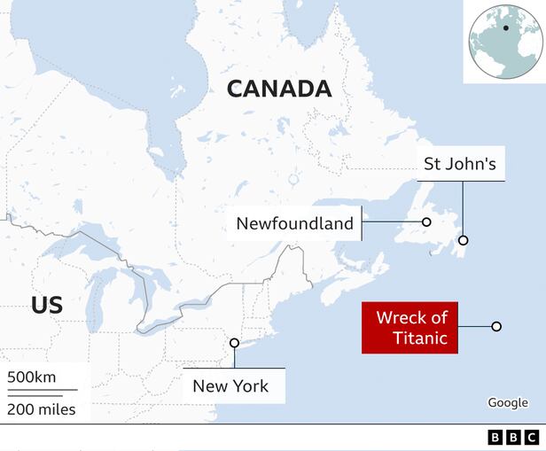 타이타닉호 잔해를 구경하는 관광 잠수정 '타이탄'이 지난 18일 잠수 1시간45분만에 교신이 끊어진 북대서양상 지점을 추정할 수 있는 지도. 1912년 타이타닉호가 침몰한 바로 그 지점이다. /BBC 