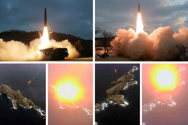 전술핵탄두를 탑재할 수 있는 것으로 알려진 KN-23 '북한판 이스칸데르' 미사일이 동해상 표적(섬)에 명중하는 모습. /뉴스1