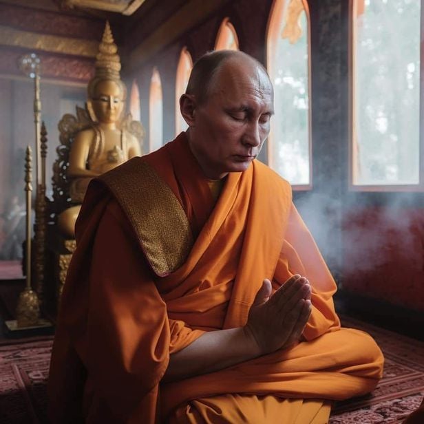 블라디미르 푸틴 러시아 대통령이 승복을 입고 예불하는 것처럼 조작된 AI가 만든 가짜 사진. 이 사진과 함께 푸틴 대통령이 불교로 개종했다는 가짜뉴스가 퍼졌다. /페이스북 캡쳐