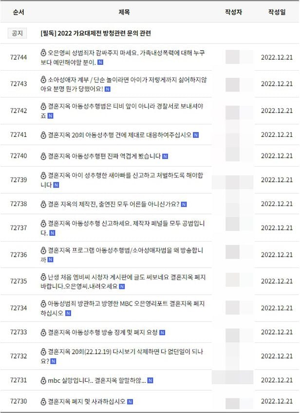 MBC 시청자 소통센터 게시판에는 해당 방송과 관련한 시청자들의 항의와 폐지 요구 글이 쏟아졌다. /MBC 시청자 소통센터 게시판