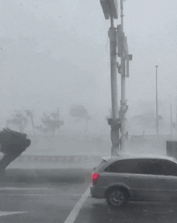 태풍 '하이쿠이'가 강타한 대만. 거센 비바람에 신호등이 흔들거리고 차량이 뒤로 밀리는 모습. /X(트위터)