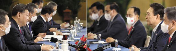 윤석열(오른쪽 사진) 대통령과 시진핑 중국 국가주석이 15일(현지 시각) G20(주요 20국) 정상회의가 개최된 인도네시아 발리의 한 호텔에서 회담을 하고 있다. 한·중 정상회담이 성사된 것은 3년 만이다. 두 정상은 이날 북한 핵·미사일 문제 해결과 양국 관계 발전을 위한 협력 방안을 논의했다. /연합뉴스