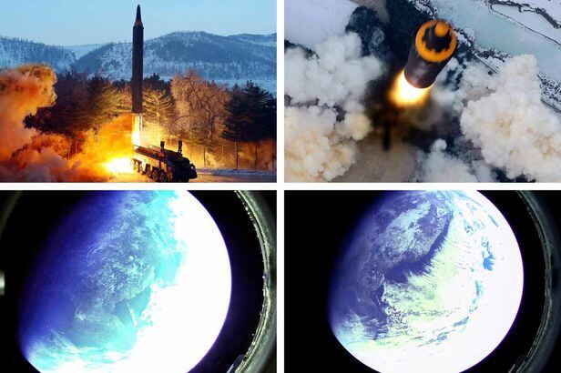 북한이 지난달 27일 발사한 중거리 탄도미사일과 이 미사일이 상공에서 찍은 지구의 사진./평양 노동신문 뉴스1