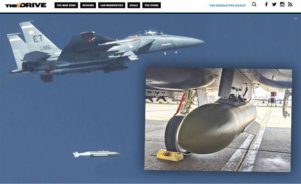 미국 플로리다주의 에글린 공군기지는 지난 7일 F-15E 전투기가 GBU-72 첨단 관통탄을 상공에서 투하했다고 밝혔다. 사진은 전투기에서 폭탄을 투하하는 모습. /더드라이브 캡처