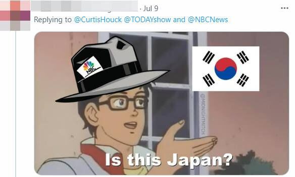 한 네티즌이 NBC방송 투데이쇼의 잘못을 조롱하기 위해 만든 이미지. NBC방송 측이 태극기를 가리키며 "일본이야?"라고 묻는 모습이다. /트위터