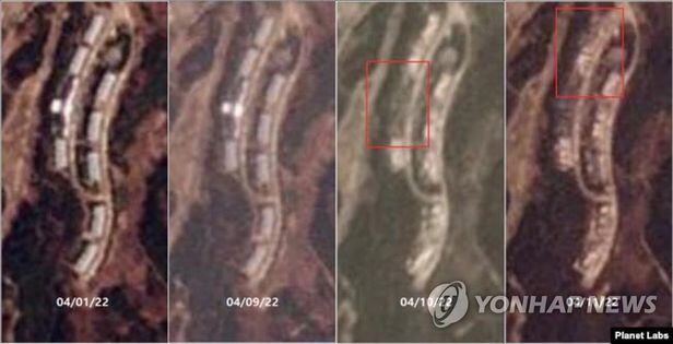 북한 금강산 아난티 골프장 리조트 단지를 촬영한 플래닛 랩스의 위성사진. 왼쪽부터 이번 달 1, 9, 10, 11일의 모습. 10일 중심부 건물(왼쪽 붉은 사각형)이 사라지고 11일에는 북쪽 2개 동(오른쪽 붉은 사각형)이 철거된 모습이다. / 연합뉴스
