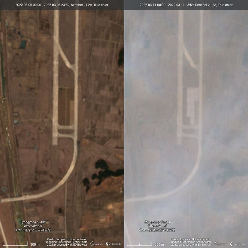 북한 평양 순안공항 북쪽 활주로에 이동식 미사일 발사대(TEL) 차량 설치 때 사용하는 '콘크리트 지지대'가 설치됐다. 사진은 지구관측위성 '센티널-2A'가 지난 6일(왼쪽)과 11일 각각 촬영한 순안공항 북쪽 활주로 일대 위성사진/센티널 허브 캡처 뉴스1