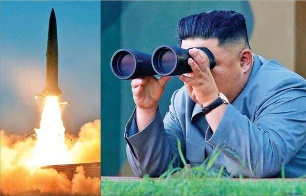 지난 2019년 7월 이동식 미사일 발사대(TEL)에서 하늘로 치솟는 북한의 신형 탄도미사일(왼쪽). 김정은이 망원경으로 미사일 발사 장면을 지켜보는 모습. /조선중앙통신 연합뉴스