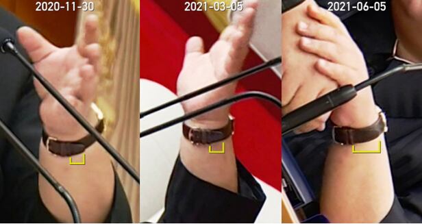 김정은이 지난해 11월 30일과 지난 3월 5일, 6월 5일에 공개된 사진에서 스위스제 IWC 손목시계를 착용하고 있는 모습. 지난해 11월보다 올해 3월, 올해 3월보다 지난 5일 사진에서 시곗줄이 줄어들었다고 매체는 분석했다. /NK뉴스