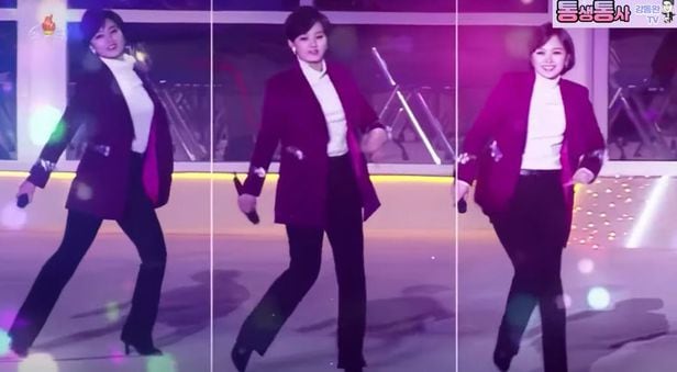 북한 가수 정홍란과 함께 무대에 선 가수들이 여자친구 '핑거팁'과 유사한 멜로디에 맞춰 춤을 추고 있다./강동완 동아대 교수 유튜브 채널