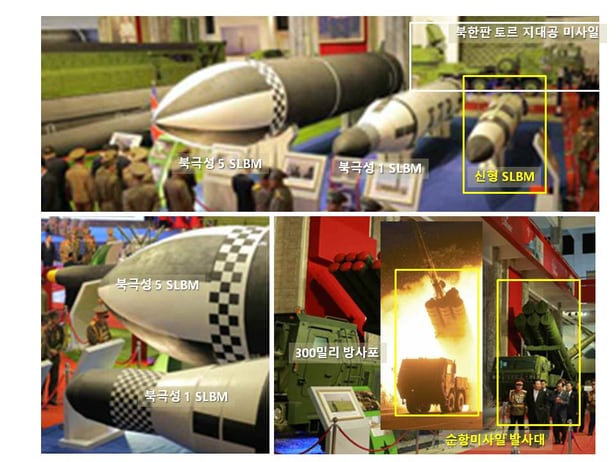 2021년10월 북한 국방발전전람회에서 처음으로 등장한 신형 미니(소형) SLBM(북극성 1형 오른쪽).  KN-23 이스칸데르 미사일을 SLBM으로 개량했을 가능성이 제기된다. /한국국방안보포럼