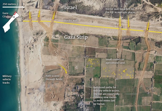 이스라엘 지상군의 전차 등이 지나간 가자지구의 농경지가 황폐화된 모습이 위성에 포착됐다. /가디언