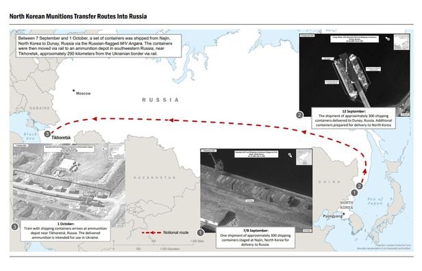 존 커비 미국 국가안보회의(NSC) 전략소통조정관은 13일(현지시간) 북한이 러시아에 컨테이너 1000개 이상 규모의 군사장비와 탄약을 인도했다고 밝혔다. NSC는 러시아 선박이 북한에서 컨테이너를 싣고 운송하는 모습을 담은 위성사진을 공개했다. /뉴스1
