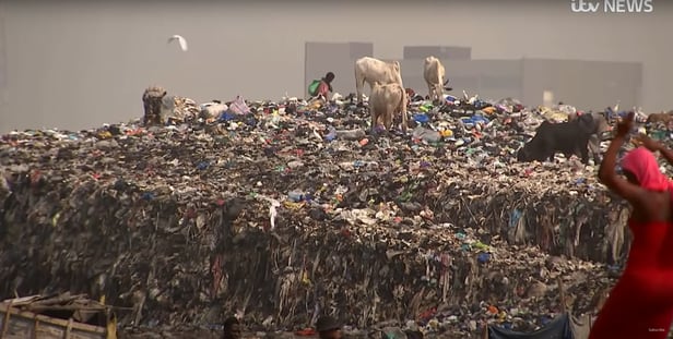 가나의 한 의류 폐기물 처리업장에 쓰레기가 산처럼 쌓여, 그 위로 사람과 염소 등이 지나다니는 모습./영국 ITV뉴스 유튜브