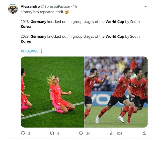 3일 호주-뉴질랜드 여자 월드컵에서 독일에 비겨 기뻐하는 한국팀(왼쪽)의 모습과 2018년 월드컵에서 독일에 이긴 한국 남자 국가대표팀의 모습을 비교한 트위터(X) 게시물. 두 월드컵 모두 한국의 선전 때문에 독일의 월드컵 16강 진출이 좌절됐다. 